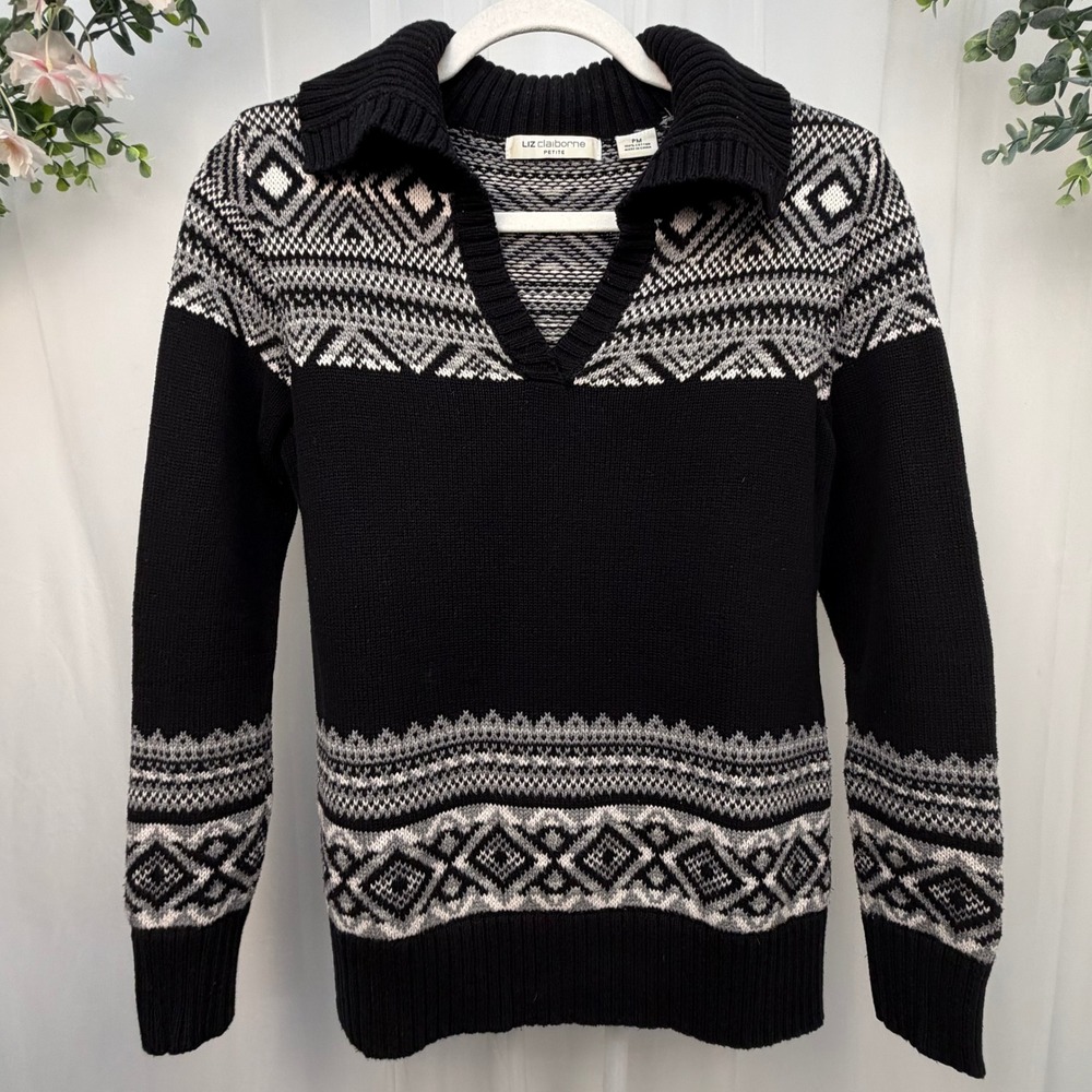 Liz Claiborne Petite Black White Fair Isle Cotton Split Neck Sweater PM